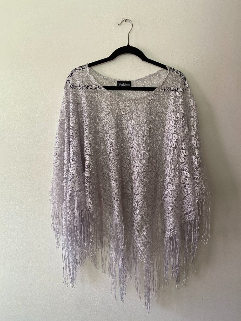 Vintage y2k Silver Metallic Crochet Fringe Poncho OS Boho